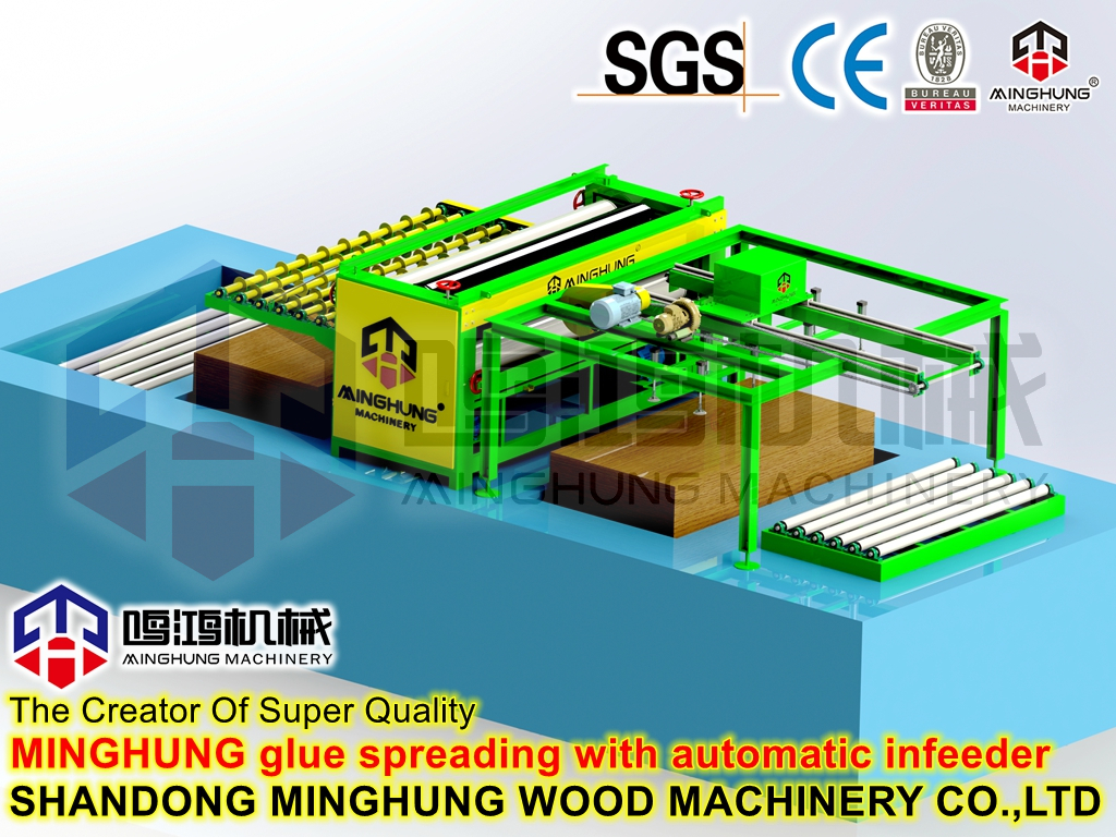 нанесение клея для изготовления фанеры